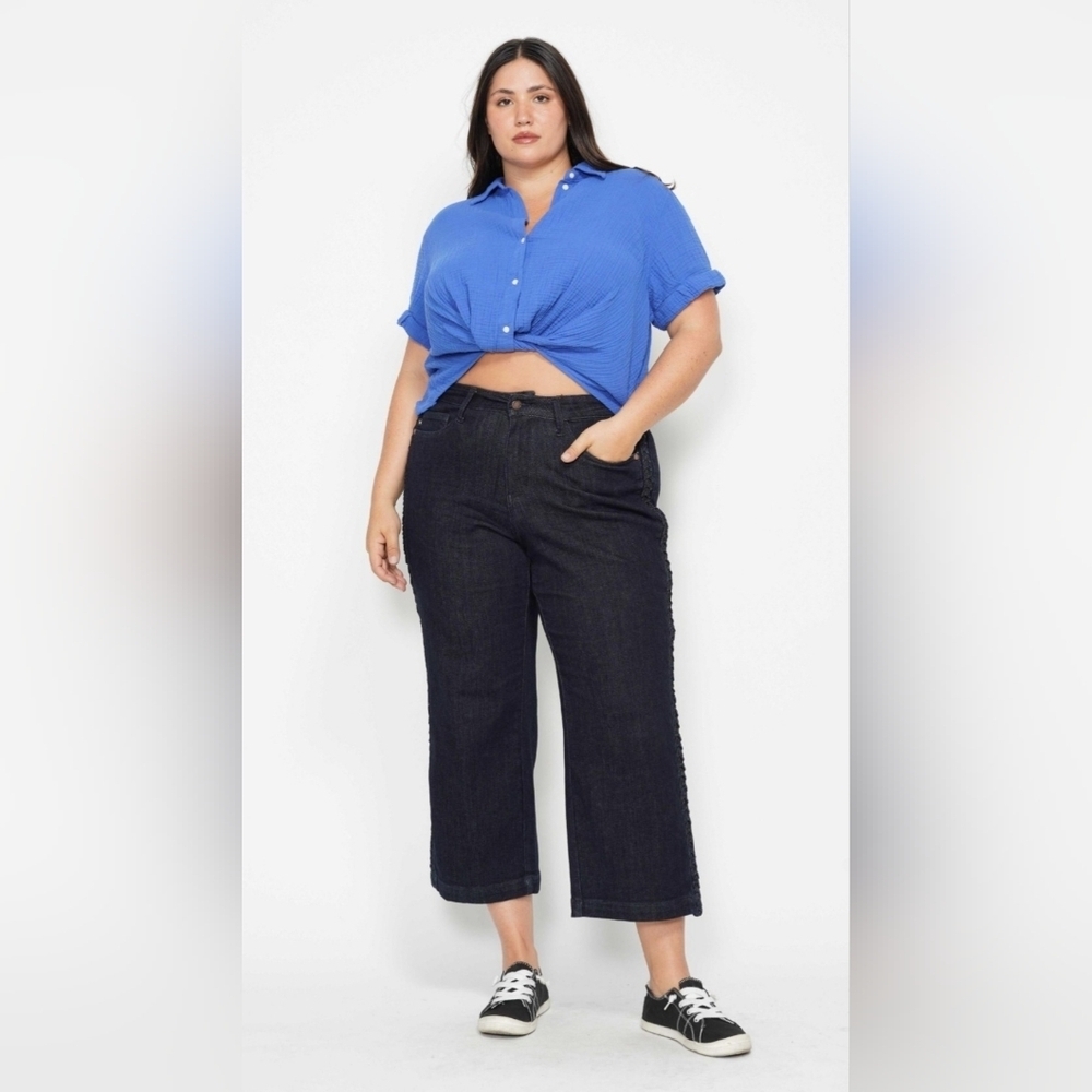 Judy Blue HR Dark Wash Wide Leg Cropped Jeans Braided Side Seams Various NEW - Picture 4 of 16